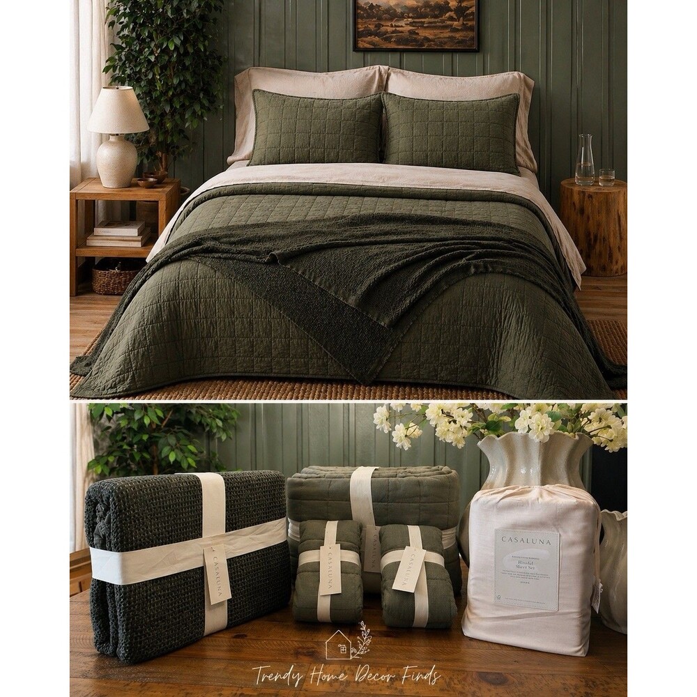BUNDLE DEAL Casaluna Queen Linen Blend Quilt Set + Bamboo Sheets- Olive Green